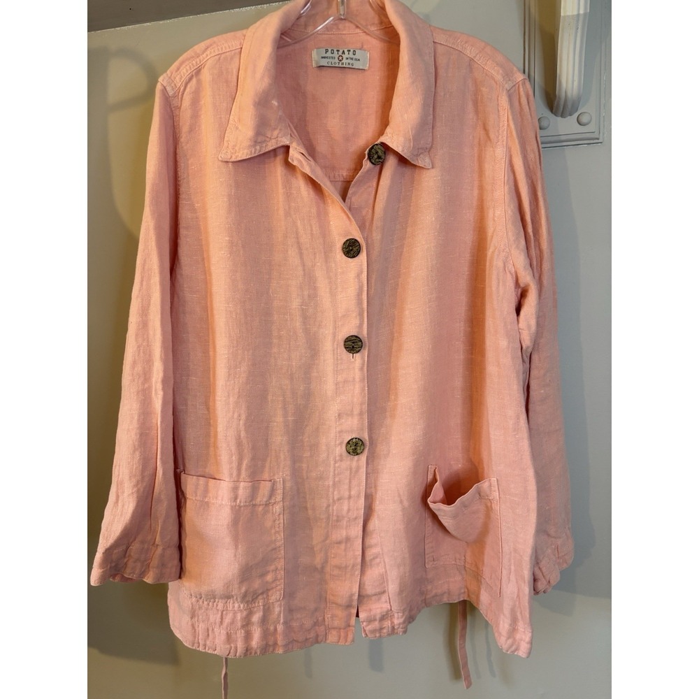 VTG POTATO CLOTHING Peach Linen Jacket L Button Up Lagenlook